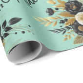 Eid Mubarak Bloemen Zwart Goud Script blauwgroen Cadeaupapier (Rol Hoek)