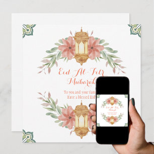 Eid Mubarak Bloemkrans Islamitische Lamp Eenvoudig Feestdagenkaart