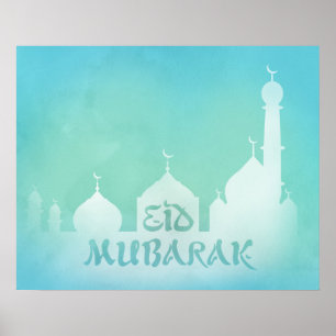 Eid Mubarak Blue Waterverf Mosque - Afdrukken Post Poster