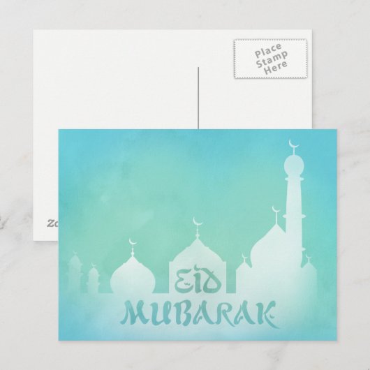 Eid Mubarak Blue Waterverf Mosque - Briefkaart (Voorkant / Achterkant)