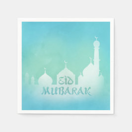 Eid Mubarak Blue Waterverf Mosque - Papier Napkin Servet