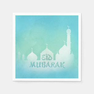 Eid Mubarak Blue Waterverf Mosque - Papier Napkin Servet