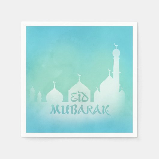 Eid Mubarak Blue Waterverf Mosque - Papier Napkin Servet (Voorkant)