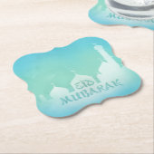 Eid Mubarak Blue Waterverf Mosque - Papieren Onder Kartonnen Onderzetters (Gekanteld)