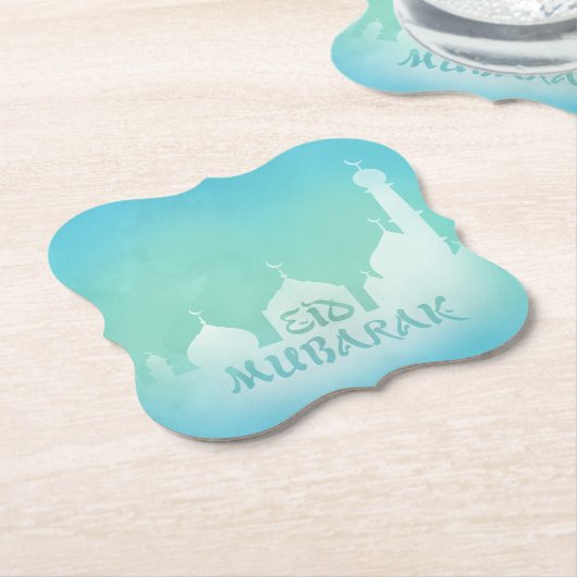 Eid Mubarak Blue Waterverf Mosque - Papieren Onder Kartonnen Onderzetters (Gekanteld)