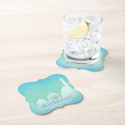 Eid Mubarak Blue Waterverf Mosque - Papieren Onder Kartonnen Onderzetters (Insitu)