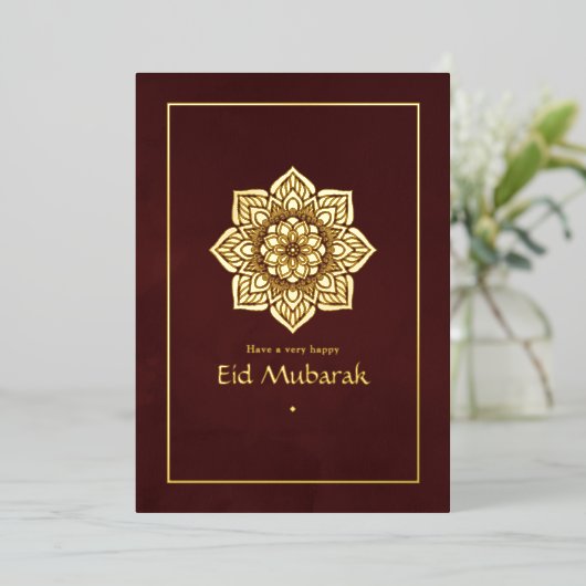 Eid Mubarak bordeauxrode en gouden folie kerstkaar Folie Feestdagenkaart (Staand Voorkant)
