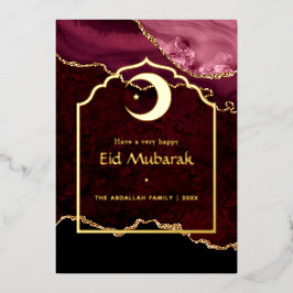 Eid Mubarak Burgundy en Gold Agate Folie Feestdagenkaart