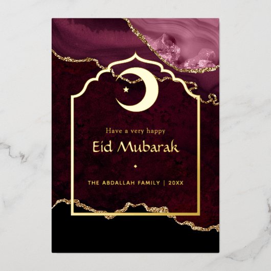 Eid Mubarak Burgundy en Gold Agate Folie Feestdagenkaart (Voorkant)