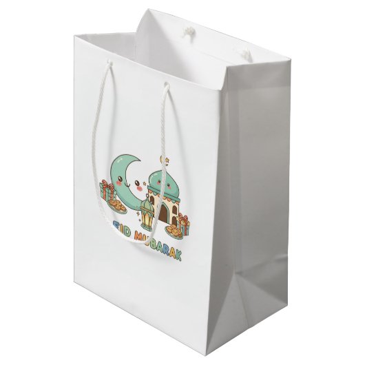 Eid Mubarak Celebration - Kawaii Smiling Moon Medium Cadeauzakje (Voorkant Gekanteld)