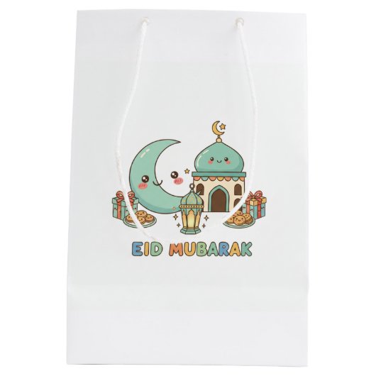 Eid Mubarak Celebration - Kawaii Smiling Moon Medium Cadeauzakje (Achterkant)