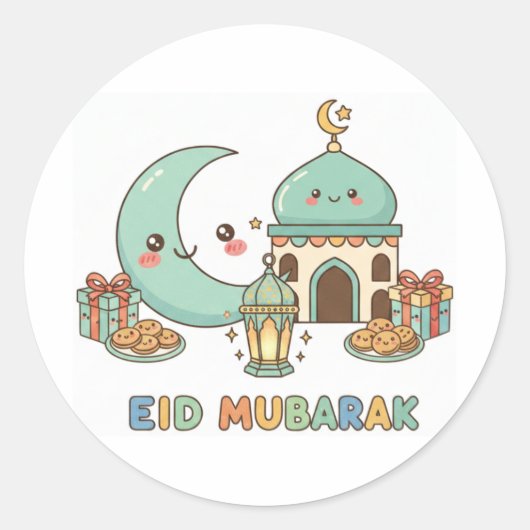 Eid Mubarak Celebration - Kawaii Smiling Moon Ronde Sticker (Voorkant)