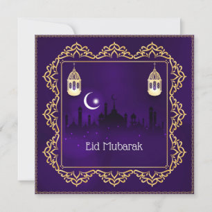 Eid Mubarak Crescent Islamic Lantern Paars Gold Feestdagenkaart