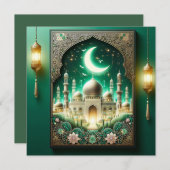 Eid Mubarak Crescent Moskee Bloemen Lijst Groen Feestdagenkaart (Voorkant / Achterkant)