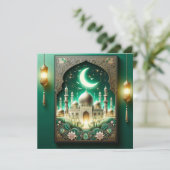 Eid Mubarak Crescent Moskee Bloemen Lijst Groen Feestdagenkaart (Staand voorkant)
