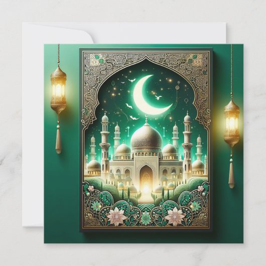 Eid Mubarak Crescent Moskee Bloemen Lijst Groen Feestdagenkaart (Voorkant)