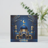 Eid Mubarak Crescent Moskee Lantern Gouden Blauw Feestdagenkaart (Staand voorkant)