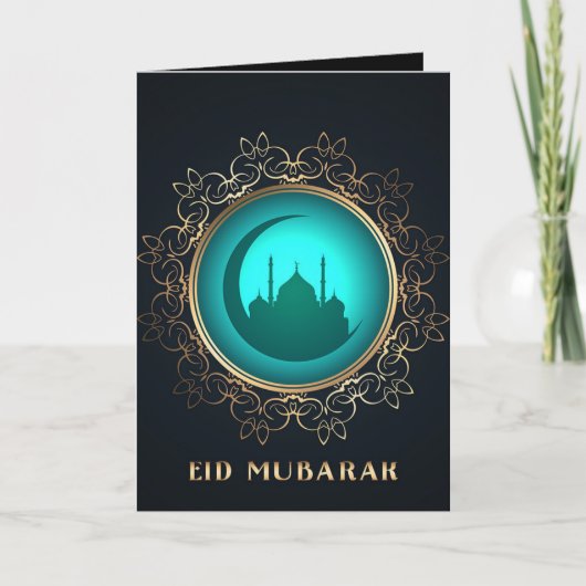 Eid Mubarak Crescent Mosque Golden Blue Kaart (Voorkant)