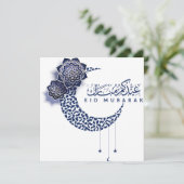 Eid Mubarak Crescent Star Blauw Wit Bloemen Feestdagenkaart (Staand voorkant)