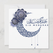 Eid Mubarak Crescent Star Blauw Wit Bloemen Feestdagenkaart (Voorkant)