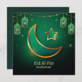 Eid Mubarak Crescent Star Islamic Lantern Green Feestdagenkaart (Voorkant / Achterkant)