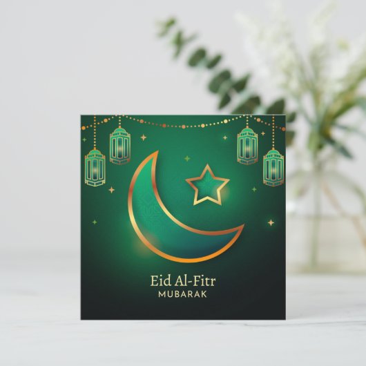 Eid Mubarak Crescent Star Islamic Lantern Green Feestdagenkaart (Staand voorkant)