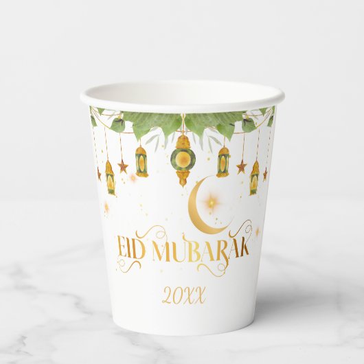 "Eid Mubarak" Custom Elegant Modern Wit Goud Papieren Bekers (Achterkant)