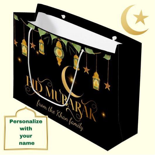 Eid Mubarak Custom Naam Elegant Moon Zwart Goud Groot Cadeauzakje