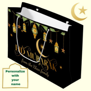Eid Mubarak Custom Naam Elegant Moon Zwart Goud Groot Cadeauzakje