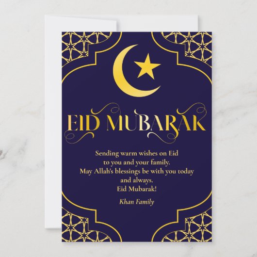 Eid Mubarak Custom Name Elegant Modern Blauw Goud Feestdagenkaart (Voorkant)