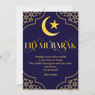 Eid Mubarak Custom Name Elegant Modern Blauw Goud Feestdagenkaart