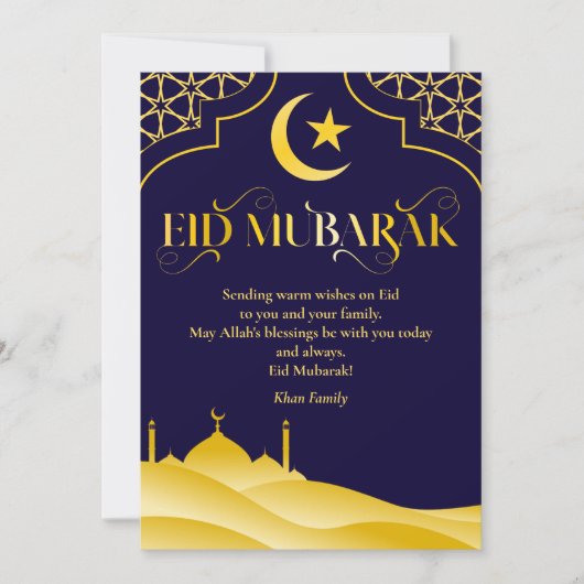 Eid Mubarak Custom Name Elegant Modern Blauw Goud Feestdagenkaart (Voorkant)