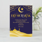 Eid Mubarak Custom Name Elegant Modern Blauw Goud Feestdagenkaart (Staand voorkant)