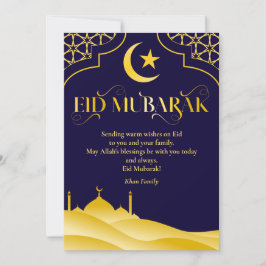 Eid Mubarak Custom Name Elegant Modern Blauw Goud Feestdagenkaart