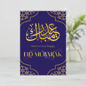 Eid Mubarak Custom Name Elegant Modern Blauw Goud Feestdagenkaart (Staand voorkant)