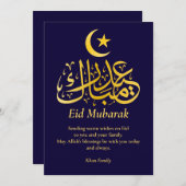Eid Mubarak Custom Name Elegant Modern Blauw Goud Feestdagenkaart (Voorkant / Achterkant)