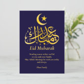 Eid Mubarak Custom Name Elegant Modern Blauw Goud Feestdagenkaart (Staand voorkant)