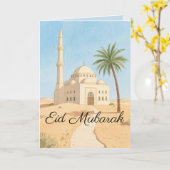 Eid Mubarak Eenvoudige Waterverf Moskee Palmboom Kaart (Gele Bloem)