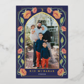 Eid Mubarak Elegant Blauw Bloemen Foto Folie Feestdagenkaart (Voorkant)
