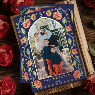 Eid Mubarak Elegant Blauw Bloemen Foto Folie Feestdagenkaart