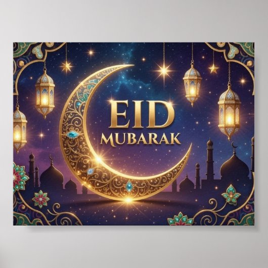 Eid Mubarak elegant Goud en marineblauw Poster (Voorkant)