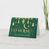 Eid Mubarak Elegant Gouden Groene Lantaarns + Maan Kaart (Voorkant)