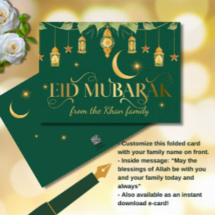 Eid Mubarak Elegant Gouden Groene Lantaarns + Maan Kaart