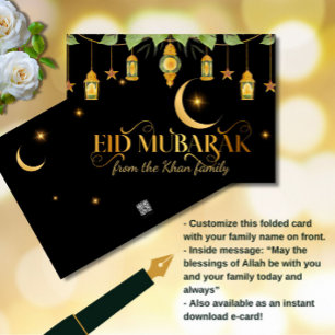 Eid Mubarak Elegant Gouden Zwarte Lantaarns + Maan Kaart