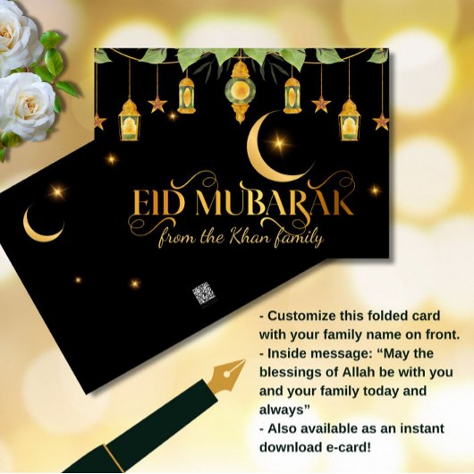 Eid Mubarak Elegant Gouden Zwarte Lantaarns + Maan Kaart