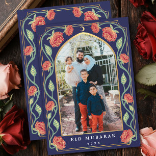 Eid Mubarak Elegante Blauwe Bloem Foto Feestdagenkaart