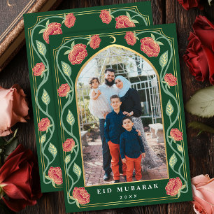 Eid Mubarak Elegante Groene Bloem Foto Feestdagenkaart