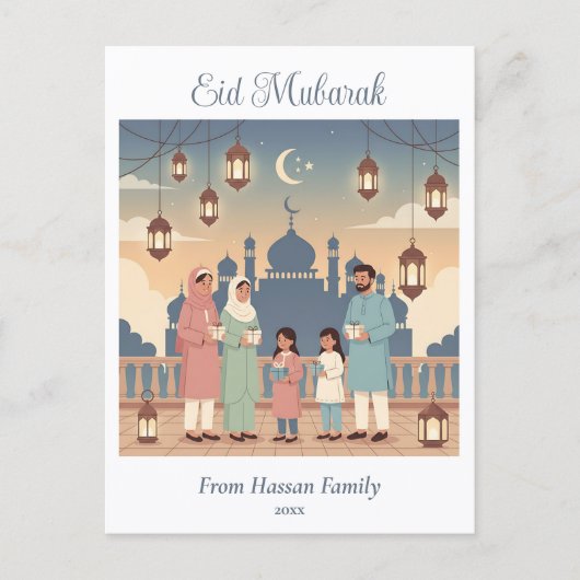 Eid Mubarak Family Celebration Pastel Mosque Card Briefkaart (Voorkant)