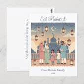 Eid Mubarak Family Celebration Pastel Mosque Card Briefkaart (Voorkant / Achterkant)