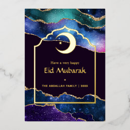 Eid Mubarak Galaxy en Gold Agate Folie Feestdagenkaart